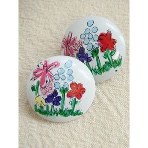 Vintage 1980's Pierced Earrings Floral Enamel Dome Button Statement Drop 1 1/4"